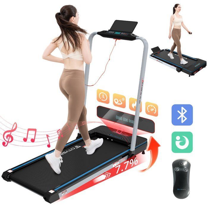 Tapis de Course Pliable et Inclinable à 7.7%,1400W,CITYSPORTS WP3,1-12km/h.Noir avec bleu.APP.Bluetooth