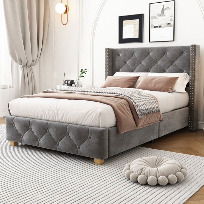 Cama individual tapizada - TKOPY - Cama infantil de 90x200 cm, cama juvenil con somier de láminas, terciopelo gris