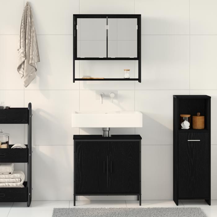 Conjunto de muebles de baño - Roble negro - 2 piezas - Madera de ingeniería - Diseño de montaje en pared