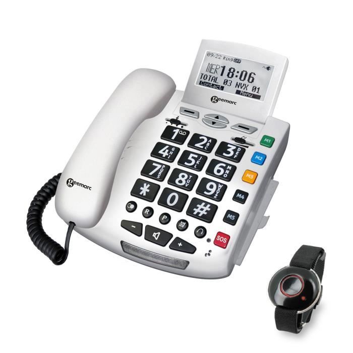 Teléfono con cable GEEMARC SERENITIES con botones grandes para personas mayores y mando a distancia de diseño.