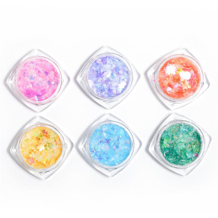 Manucure 6 couleurs à paillettes : feuille d'érable, cœur coloré, étoile à cinq branches, papillon, patch gel à paillettes rose éblouissant