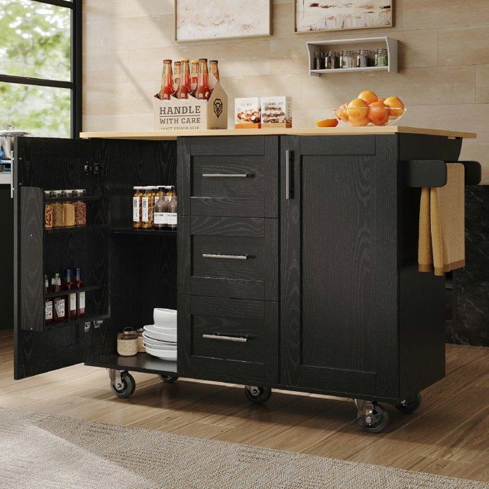Kitchen trolley - LANGTU - Mobile island with folding sides - 135x46x86.6 cm - 5 lockable casters - 3 drawers
