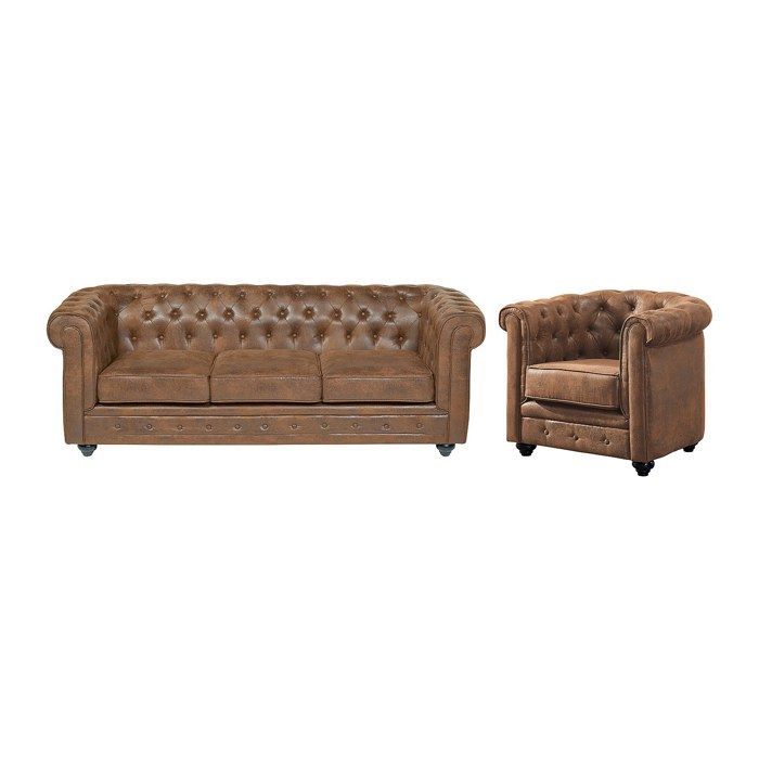 Sofá e poltrona CHESTERFIELD de 3 lugares em microfibra com aparência de couro envelhecido.