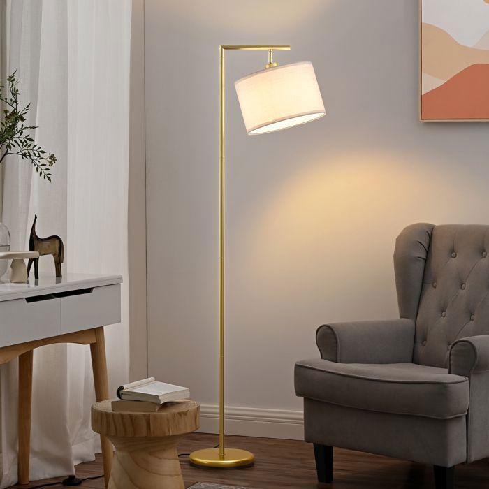 EDISHINE Lampadaire sur pied salon, lampe à arc avec abat-jour rotatif en lin, interrupteur à pied, ampoule E27 2700K fournie, doré