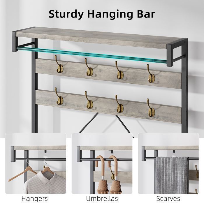 Coat rack, entryway furniture, coat rack with 8 hooks, 4 storage shelves, shoe bench 105x38x183cm