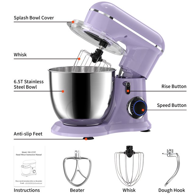 Batedeira de pedestal Samsaimo, 6,5 QT, 660 W, 10 velocidades, cabeça inclinável, batedeira elétrica de cozinha com tigela, gancho para massa, batedor e fouet para a maioria dos cozinheiros domésticos.
