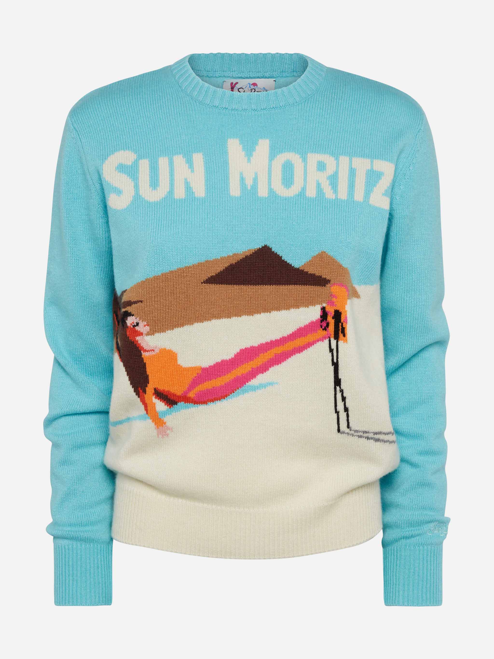 Nieuwe blauwe trui van de koningin met Sun Moritz jacquard ansichtkaart