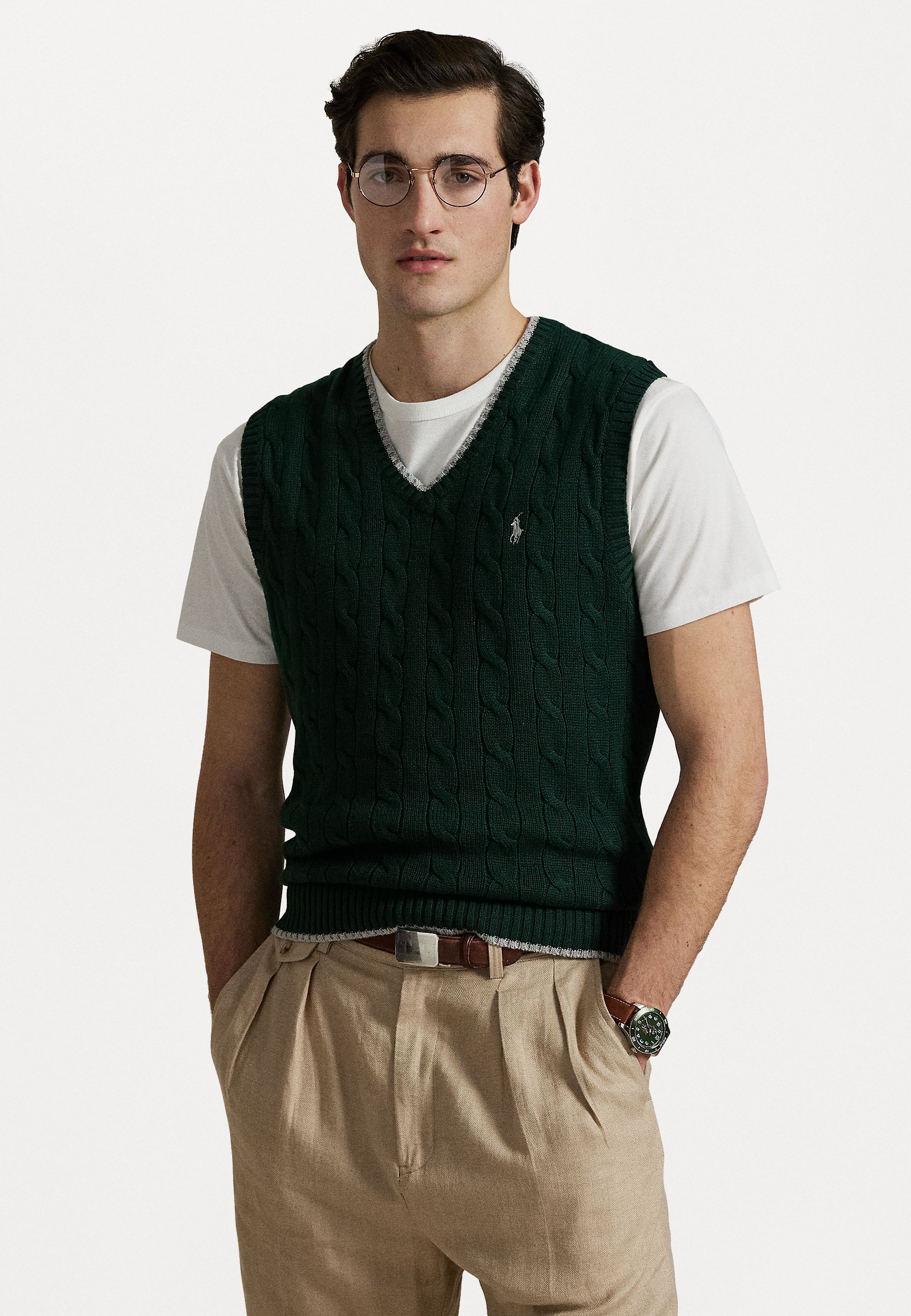 Polo Ralph Lauren mouwloze trui van katoen met kabelbreisel - Trui - collegegroen