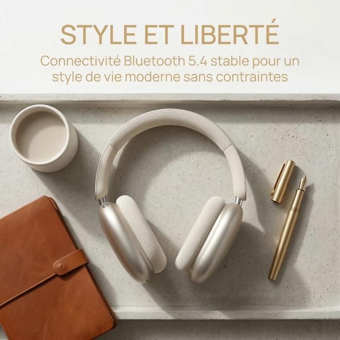 Cuffie wireless - FINGERTIME - Bluetooth 5.4 - Durata della batteria 80 ore - Cancellazione del rumore ANC - Comfort silenzioso - Oro champagne
