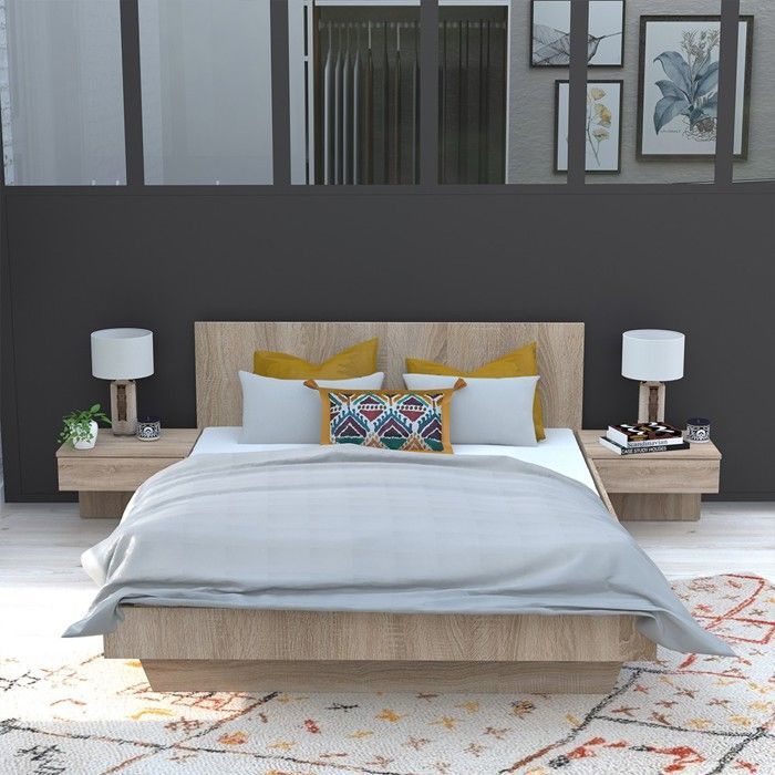 COOL bed 140x190 cm + 2 nachtkastjes + lattenbodem / Witgekalkte eiken afwerking