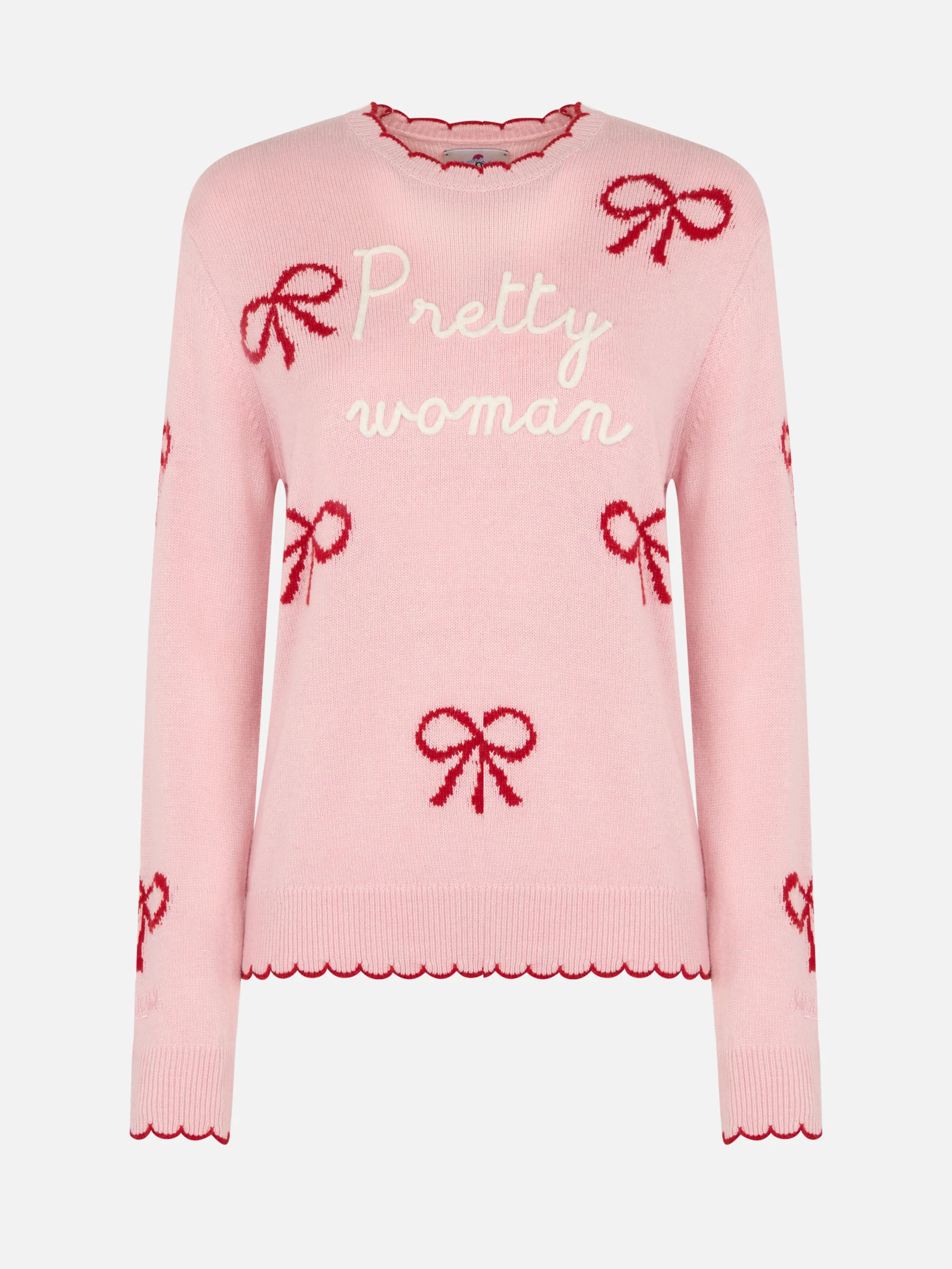 Nieuwe roze trui voor dames van Queen met Pretty Woman-borduurwerk en lintprint.