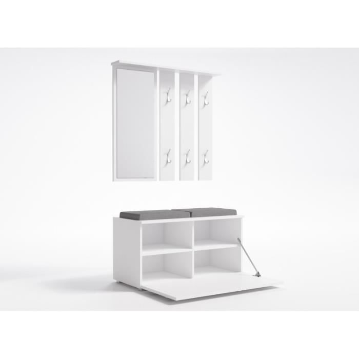KATHI - Mueble de recibidor con espejo y banco - Dimensiones 41x85x180 cm - Banco para guardar zapatos - 6 ganchos - Perchero