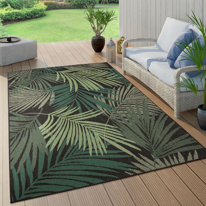 Alfombra de exterior Paco Home para patio, sala de estar, cocina, estampado floral bohemio con palmeras, verde y negro, 240x340 cm