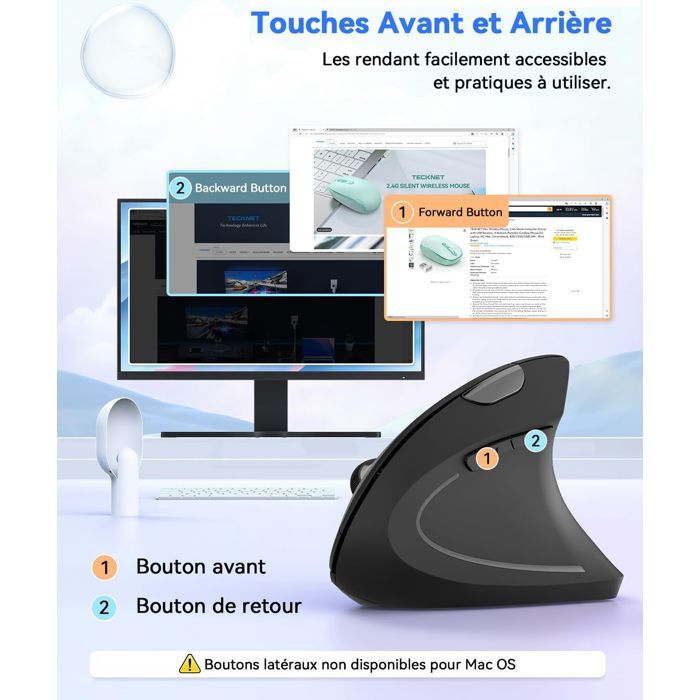 Souris Ergonomique sans Fil Rechargeable, Bluetooth + 2,4G Wireless Mouse, 1600 DPI,  Plug and Play, pour Droitier, PC, Mac