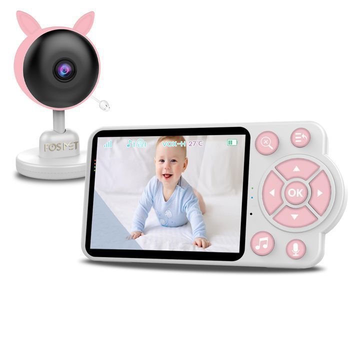 FOSMET BabyPhone Camera, Zoom 4X/2.4GHz Communication Bidirectionnelle/Berceuse/Vision Nocturne/VOX/Capteur de Température, Rose