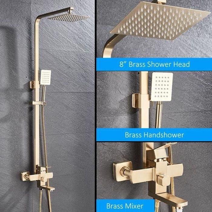 Columna de ducha JULLYBATHEVY - 3 funciones - Cabezal de ducha de 20x20 cm - Altura ajustable de 80 a 120 cm - Oro cepillado