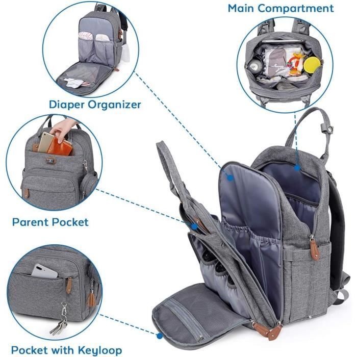 Sac à Dos à Langer Dikaslon - Grand Sac Avec Matelas à langer et Porte tétine Pour bébé Garçon et Fille, Sangles de Poussette - Sac