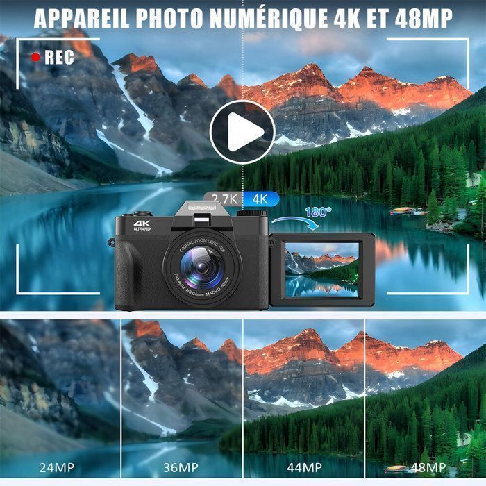 4K Appareil Photo Numérique, 75MP Appareil Photo Compact Portable SD 32G, 3