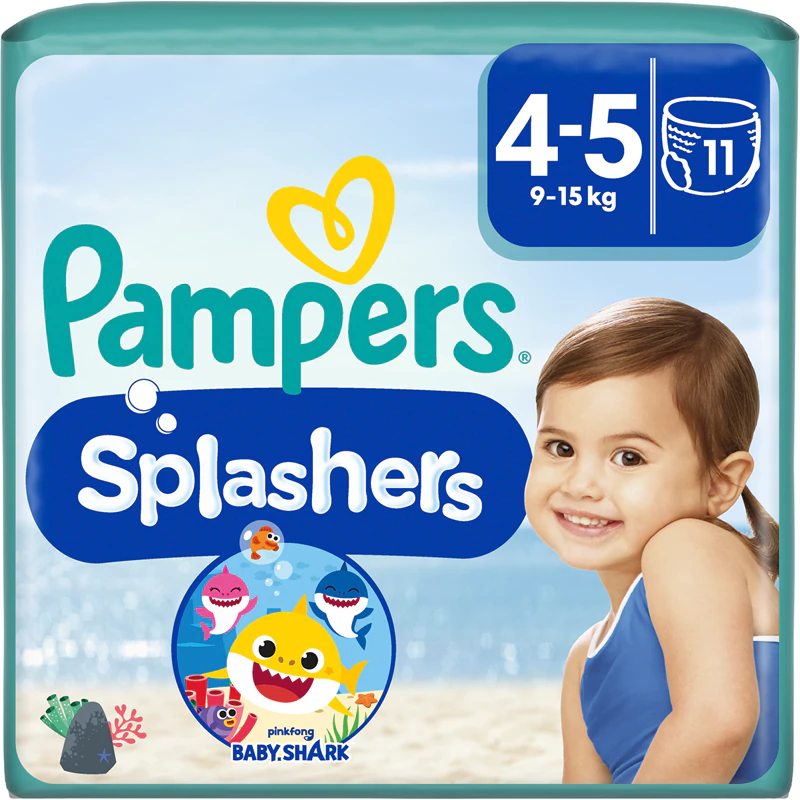 Fraldas descartáveis Pampers Splashers (4-5 unidades) e calção de banho.