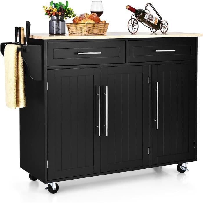 GOPLUS Desserte Îlot de Cuisine à roulettes en Bois avec 2 Placards Étagère 2 Niveaux Réglables et 2 Tiroirs, 122 x 46 x 93 CM,