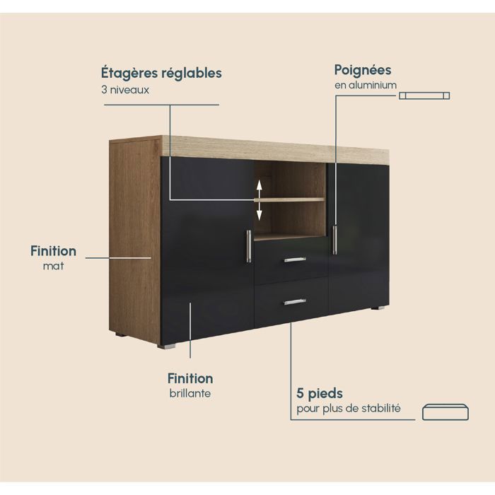 Aparador ROQUE 140x80x40 cm - 2 puertas 2 cajones - Acabado en roble Sonoma y negro - Almacenamiento para salón