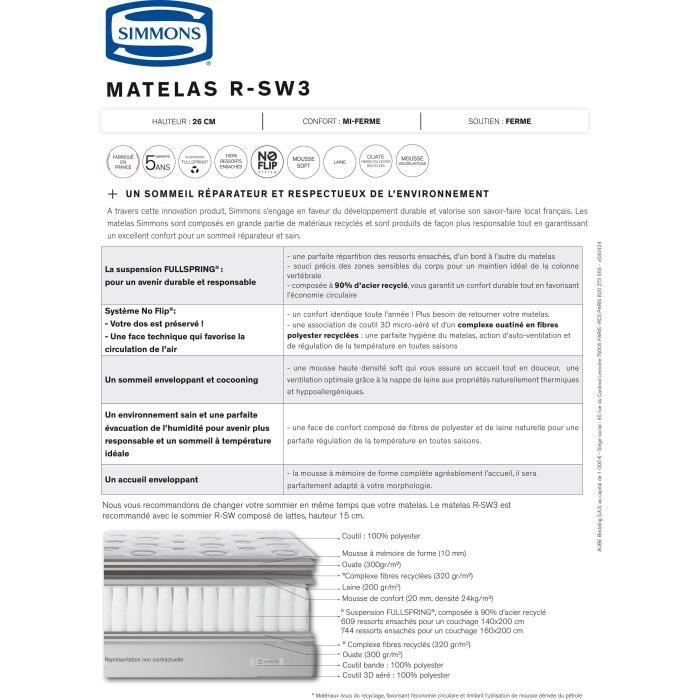 SIMMONS 90 x 190 cm mattress and bed base set, 26 cm high - Fullspring pocket springs - Made in France - R-SW3