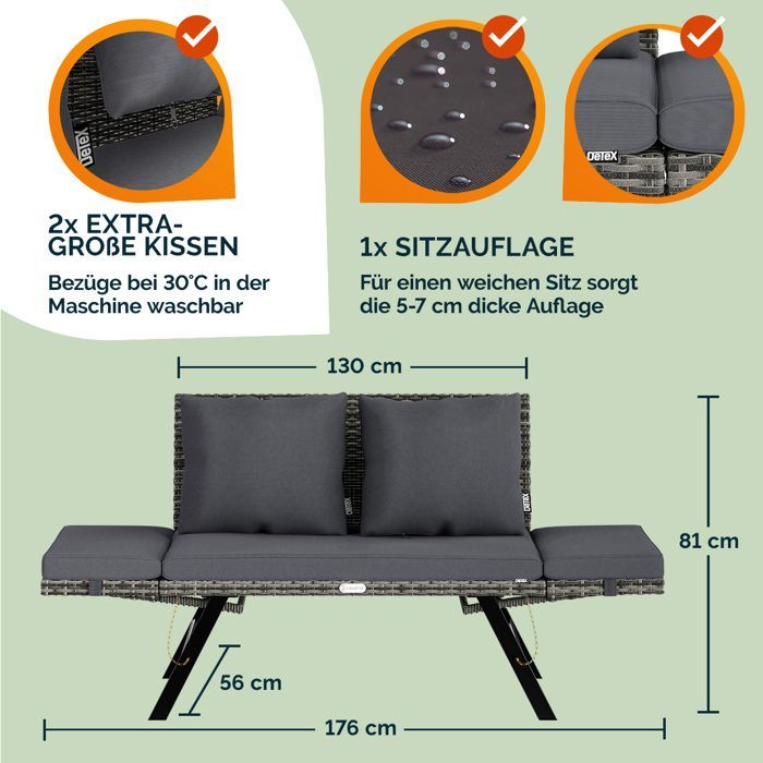 Banco de jardim CASARIA® 2 em 1 cinza com função de chaise ajustável, em rattan sintético, sofá para jardim, pátio e varanda.