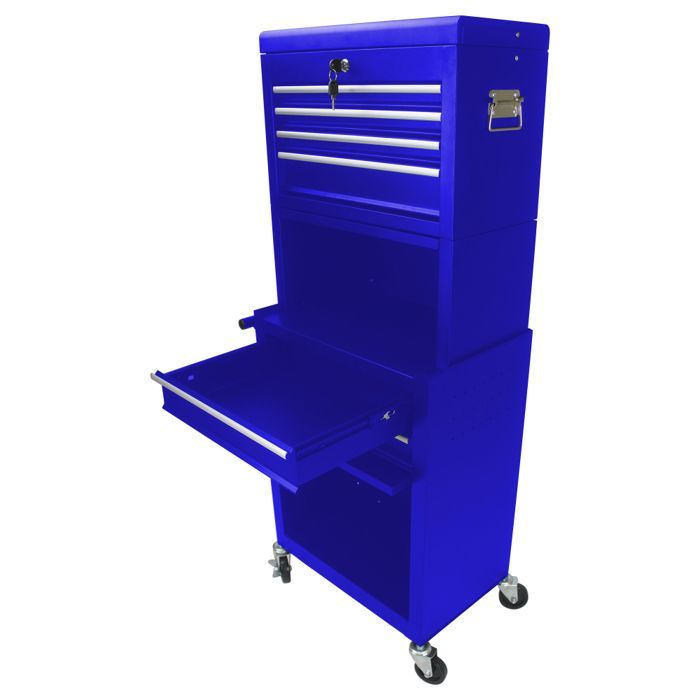 Servante d'atelier 2 en 1 -Caisse a outil -Chariot à roulettes -6 Tiroirs verrouillables rangement -Bleu-53 x 33 x 133 cm