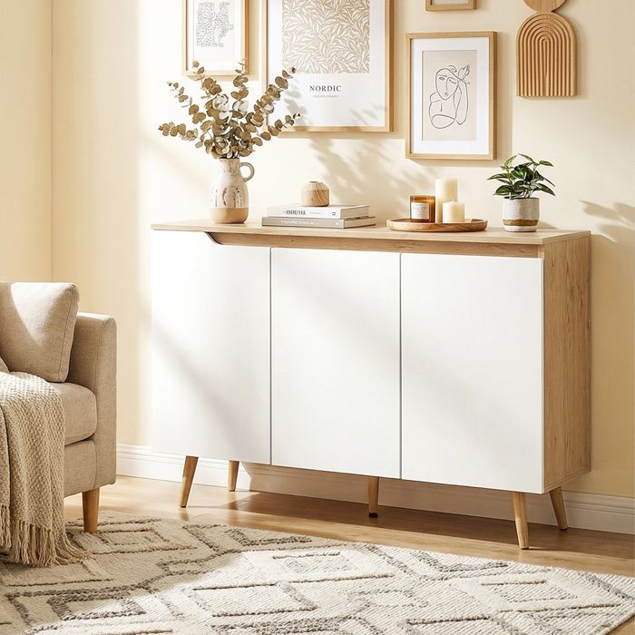 Aparador de cocina - HOMCOM - 3 puertas, estantes ajustables - aglomerado y madera de caucho - 107x35x76,5cm - blanco y roble