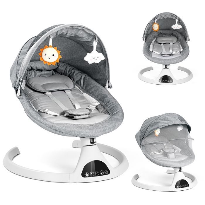 Babygynge, elektrisk hoppestol med fjernbetjening, 5 gyngehastigheder og Bluetooth-musik, Grå