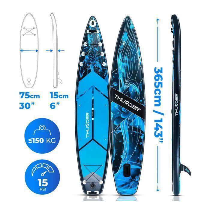 Tavola da paddle THUNDER® BLUET 365 cm | Gonfiabile | Antiscivolo | Zaino | Accessori completi | Kit di riparazione