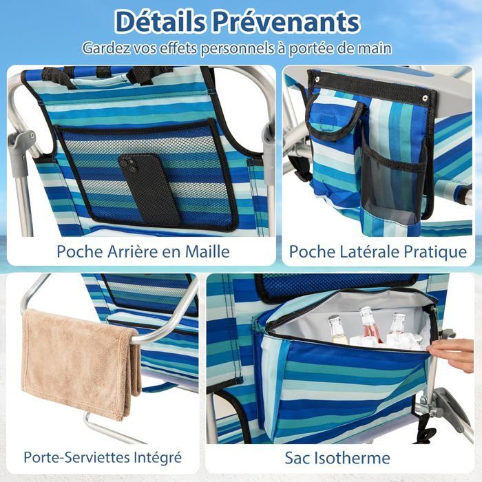 GIANTEX foldbar strandstol med justerbar ryglæn i 5 positioner, aluminiumsramme, 150 kg lasteevne, til fiskeri, 62x69x80 cm, blå stribe, 1 stk.