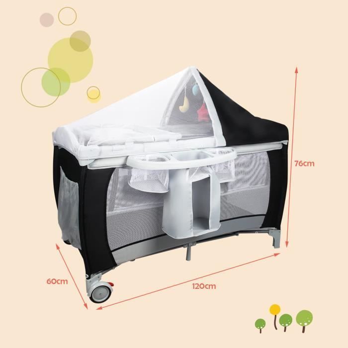 Lit Parapluie Bébé DREAMADE Pliable avec Moustiquaire, Rangements Latéraux, Jouets Suspendus, Musique, Roulettes avec Freins, Noir