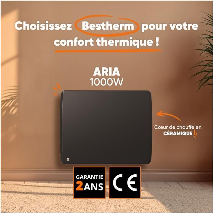 Radiateur électrique fixe à inertie sèche céramique - BESTHERM - ARIA 1000W  - horizontal noir