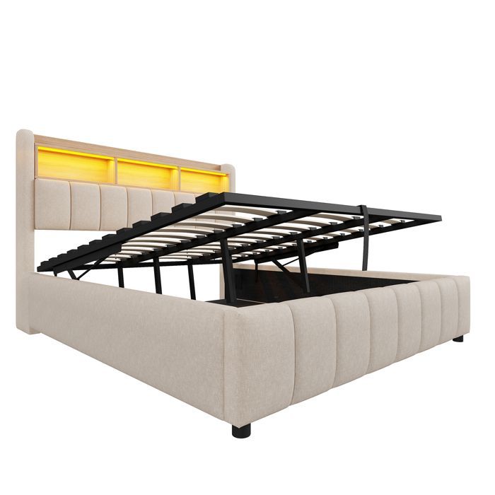 Lit Coffre avec LED et USB - MERAX - Lit Double 180x200 cm King Size - Rangement Hydraulique et Tête de Lit Étagère, Tissu Lin Beige