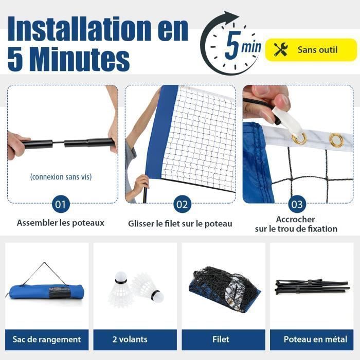 COSTWAY Draagbaar Badmintonnet 420x102x89-155cm - Verstelbare hoogte - 2 shuttlecocks - PE - Opzetten in 5 minuten - Opbergtas - Blauw