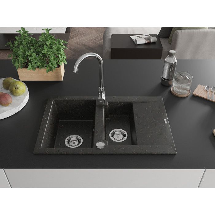 Mexen Gaspar 1,5 spoelbak van graniet met korte afdruiprek, 737 x 475 mm, zwart/metallic goud - 6507731505-75