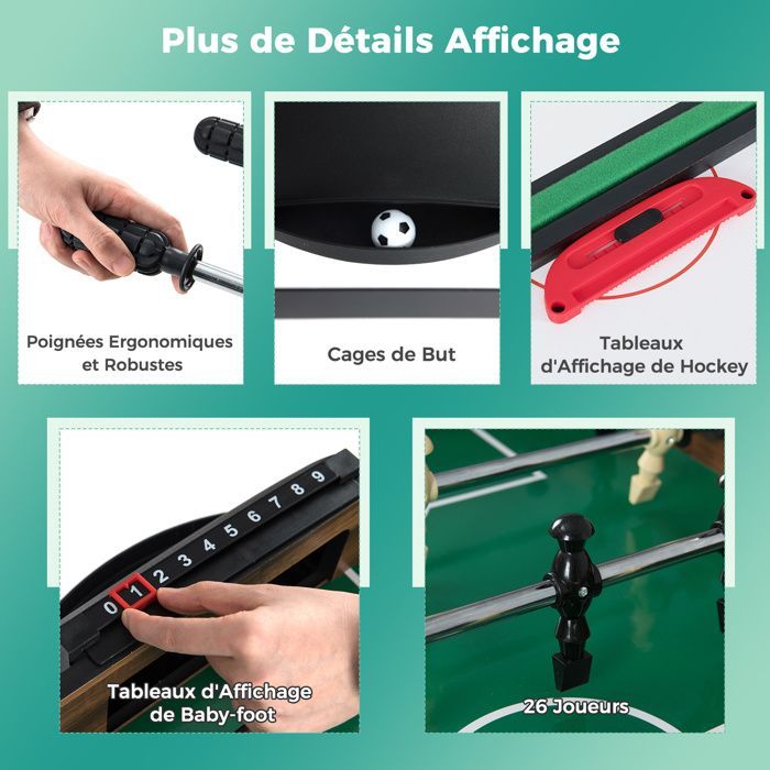 Mesa multijuegos apilable 10 en 1 COSTWAY: hockey, billar, futbolín, bolos, ajedrez - 127 x 102 x 82 cm - Madera - Accesorios completos - Para mayores de 6 años