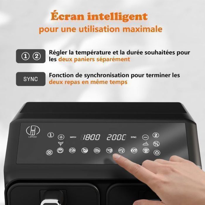 Friggitrice ad aria a doppia zona da 8 litri e 2200 W, 10 programmi, luce interna, senza olio, capacità per famiglie. Friggitrice elettrica O.Ye da 8 litri.