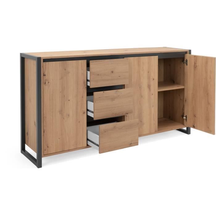 DENVER Buffet with 3 doors and 3 drawers - Artisan oak finish / Anthracite - W 160 x D 40 x H 88 cm