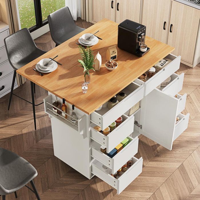 Isola cucina, mobile cucina, isola centrale con ruote e piano di lavoro, carrello di servizio con porta spezie e 8 cassetti