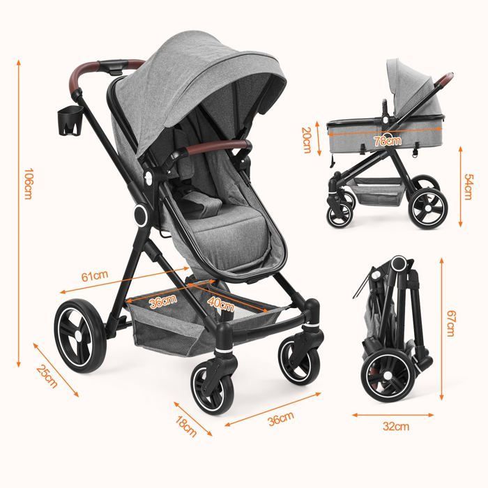 LUNSY - Cochecito 2 en 1 - Hasta 22 kg - Incluye cochecito y capazo - Ruedas grandes - Amplia visión horizontal - Plegado con un solo clic - Gris