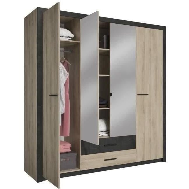 Armario - Acabado en roble y negro - 4 puertas batientes - 2 cajones - Espejos - Ancho 198 x Alto 203,1 x Profundidad 56,6 cm - COLORADO - Hecho en Francia