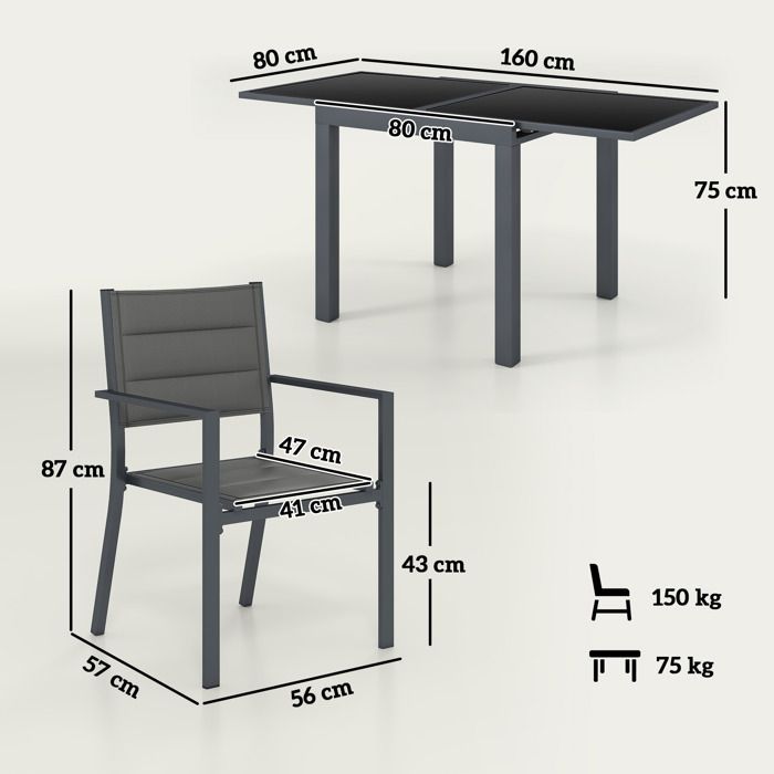 Conjunto de muebles de jardín Outsunny: mesa extensible con 4 sillas apilables, fabricado en aluminio y textilene, color gris oscuro.