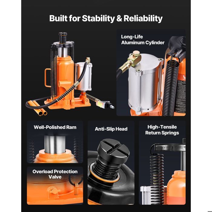 Gato hidráulico y neumático de 20T - Duoku - Herramienta de elevación de vehículos con un rango de elevación de 26 a 49,5 cm - Equipado con bomba - Naranja