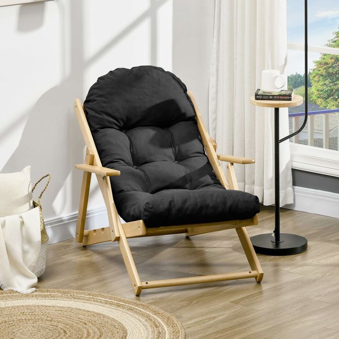 Fauteuil relax - HOMCOM - pliable et inclinable - coussin capitonné épais - bois d'hévéa - 71x89x96cm - noir