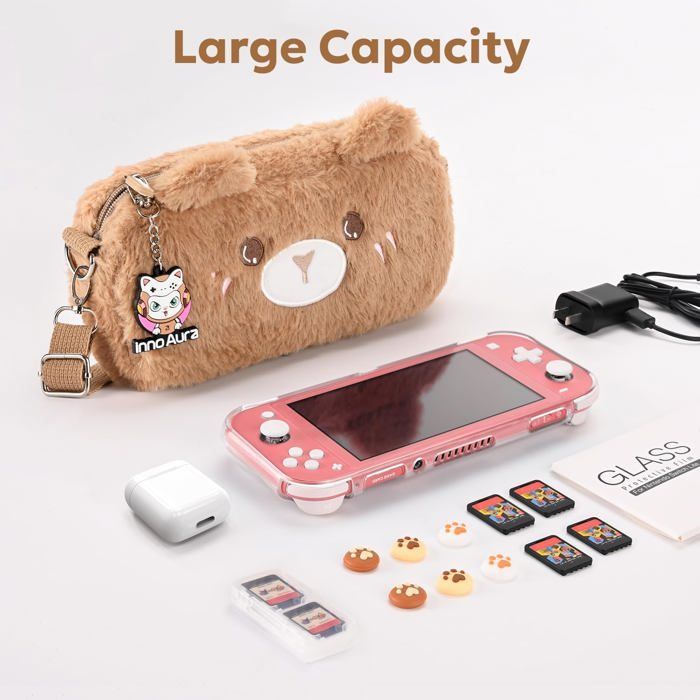 14-in-1 kit voor Nintendo Switch Lite – Brown Bear hoesje, schermbeschermer, gamebox, joystickkapjes en accessoires