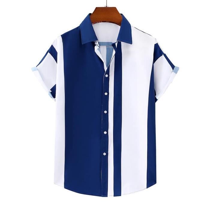 Camisa hawaiana de manga corta para hombre, estilo playero, con estampado de rayas, ideal para vacaciones - Azul