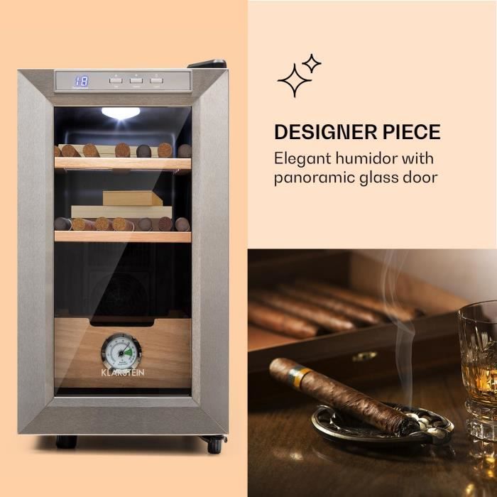 Humidor de puros - Klarstein El Presidente 23 Humidor - 45W - Humidor de puros - Control táctil - Madera de haya - 23L - LED - Plateado