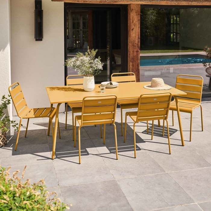 Mesa de jardim Palavas com 6 cadeiras em metal amarelo, Oviala